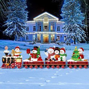4 Pcs Christmas Decor Train Sign Gingerbread Santa Snowman Heart  with 8 Stakes